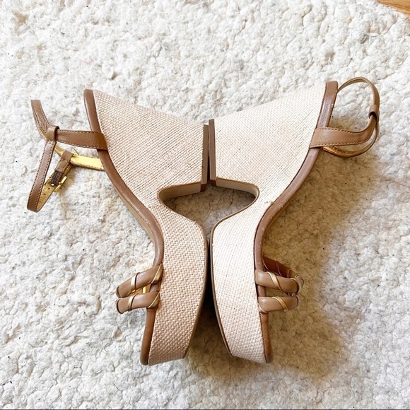 Kate Spade Tan Metallic Gold Straw Block Platform Wedge Sandals Size 7.5 - Picture 3 of 11